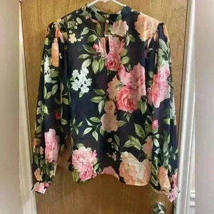 Flying Tomato Sheer  Floral Top Long Balloon Sleeves Black Sz S Button Neck